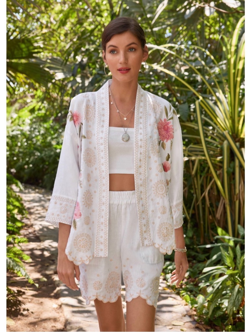 Johnny Was White Floral Embroidered Bermuda Shorts